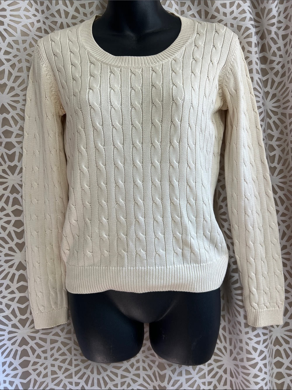 Ann Taylor Cream Cable-Knit Crewneck Sweater
